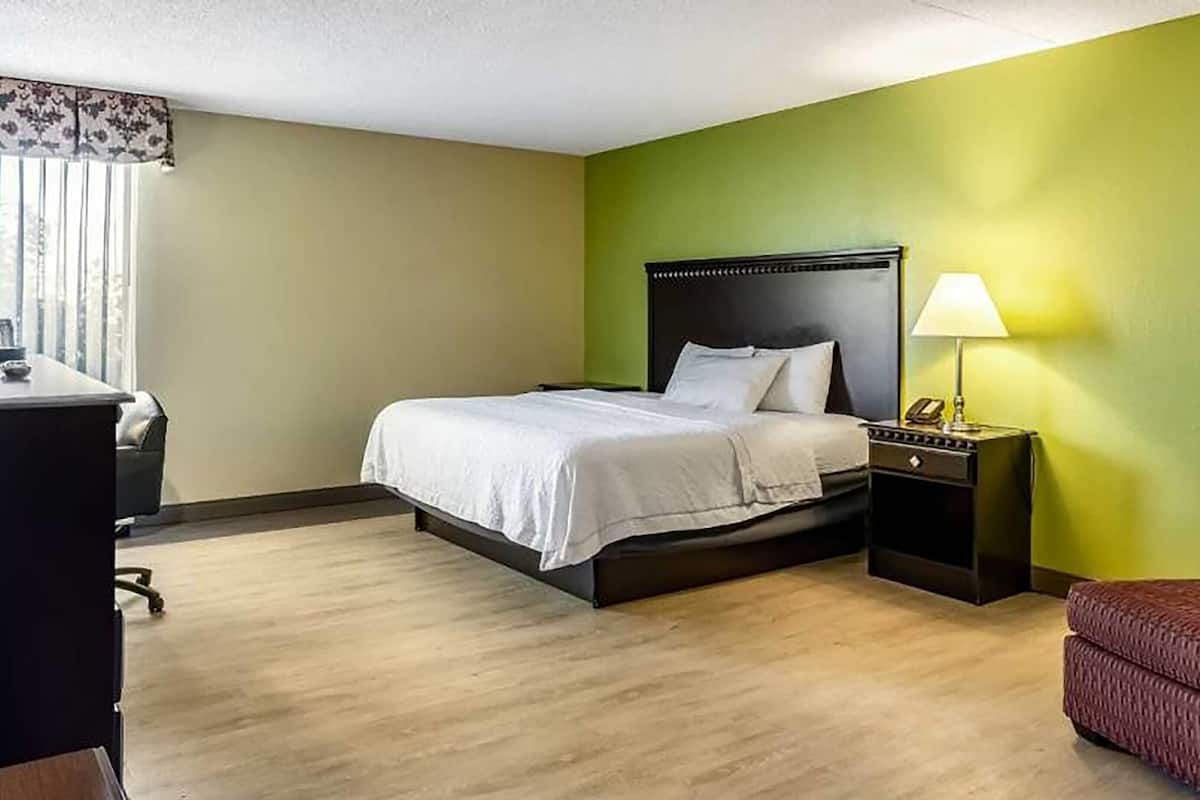 Una habitación de hotel con cama, mesita de noche, lámpara y escritorio con silla.