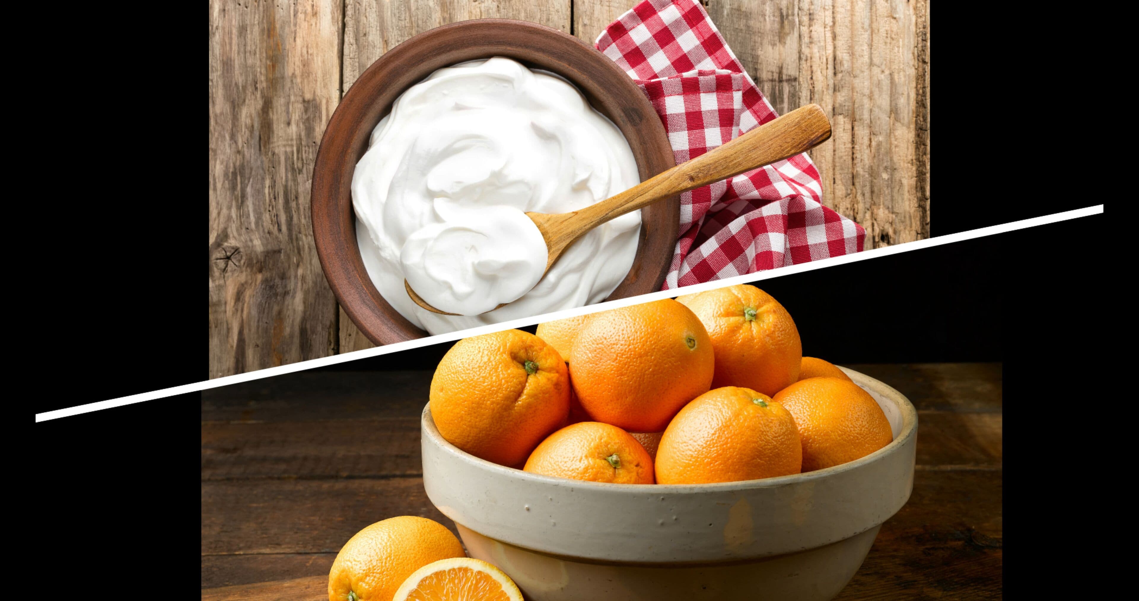 A wooden table with a bowl of oranges and a bowl of white substance, possibly yogurt, with a wooden spoon.