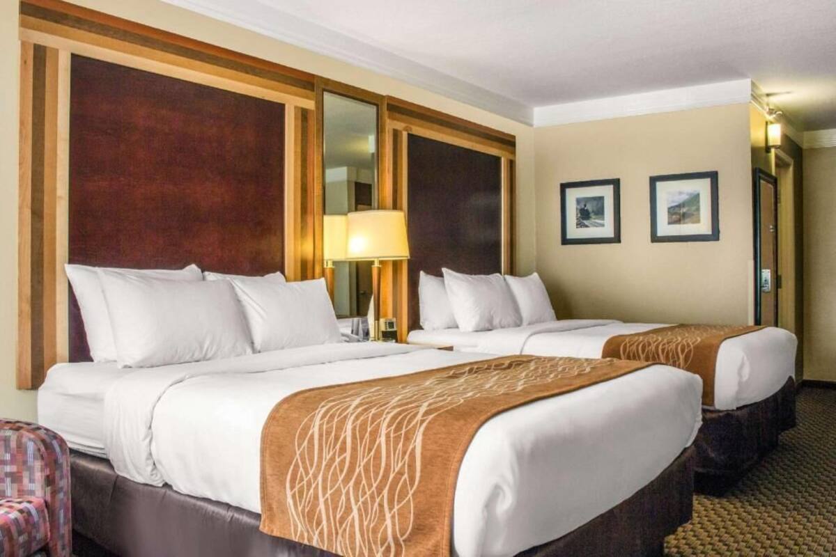 A hotel room with two beds, a large mirror, a lamp, and two framed pictures on the wall.
