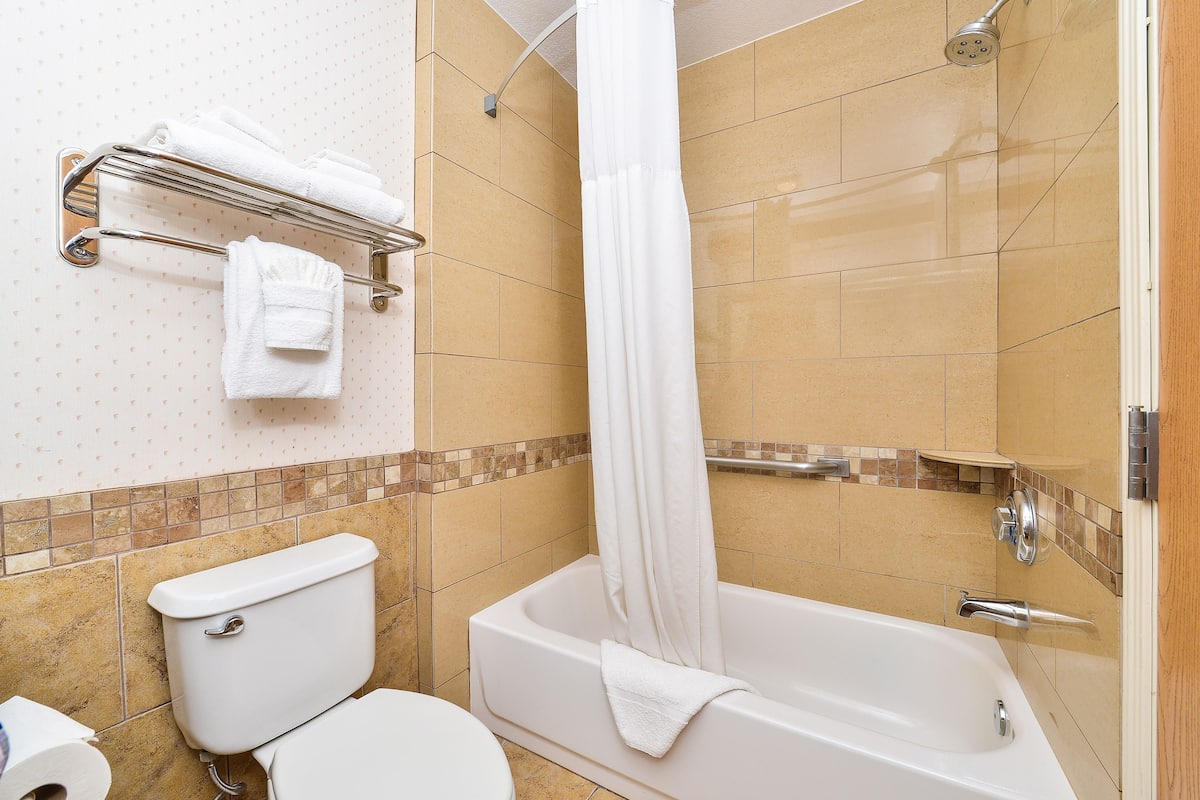 Combined shower/tub, hydromassage showerhead, free toiletries