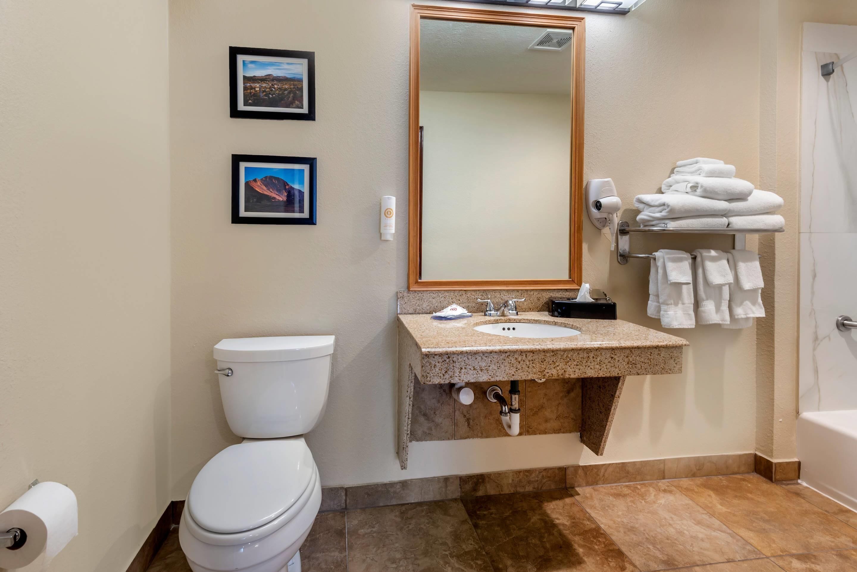 A bathroom with a toilet, sink, mirror, towel rack, and a shower area.