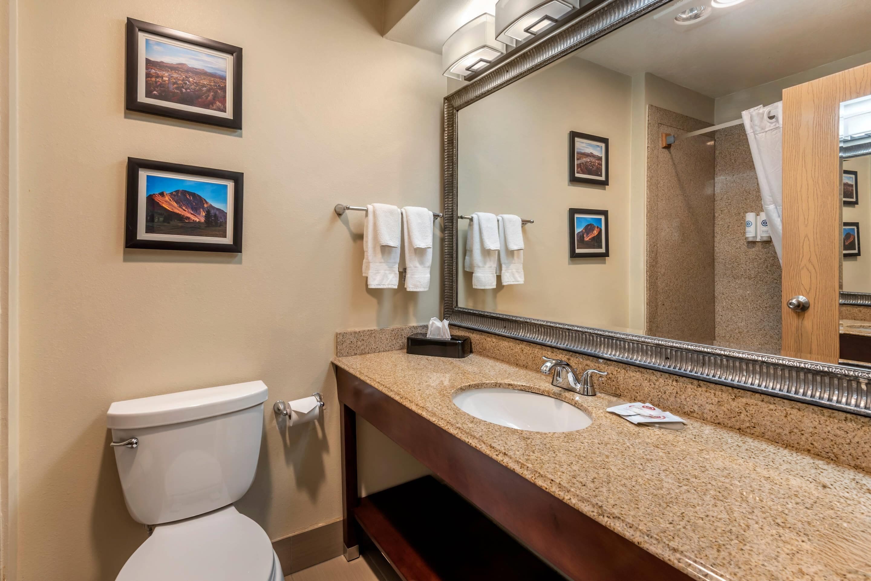 Une salle de bain avec des toilettes, un lavabo et un grand miroir. Les murs sont ornés de tableaux encadrés, et il y a un porte-serviettes avec des serviettes blanches.