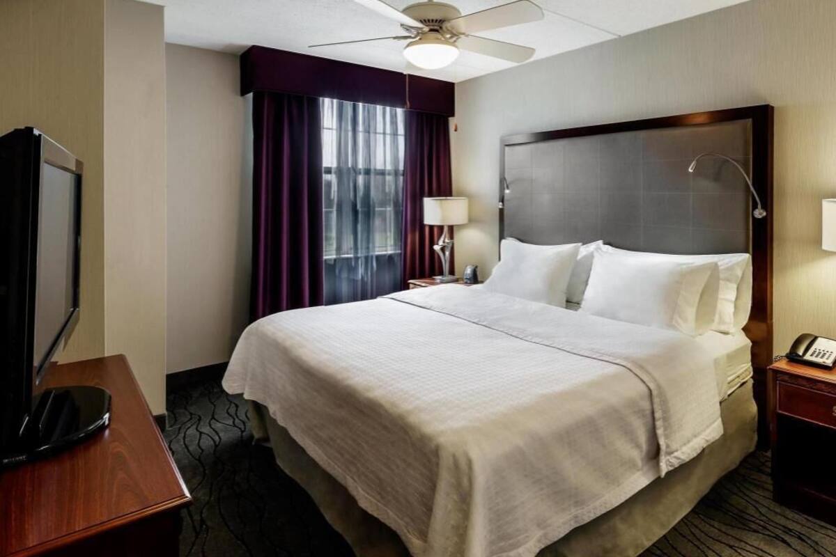 A hotel room with a bed, a television, a desk, a ceiling fan, and a window with curtains.