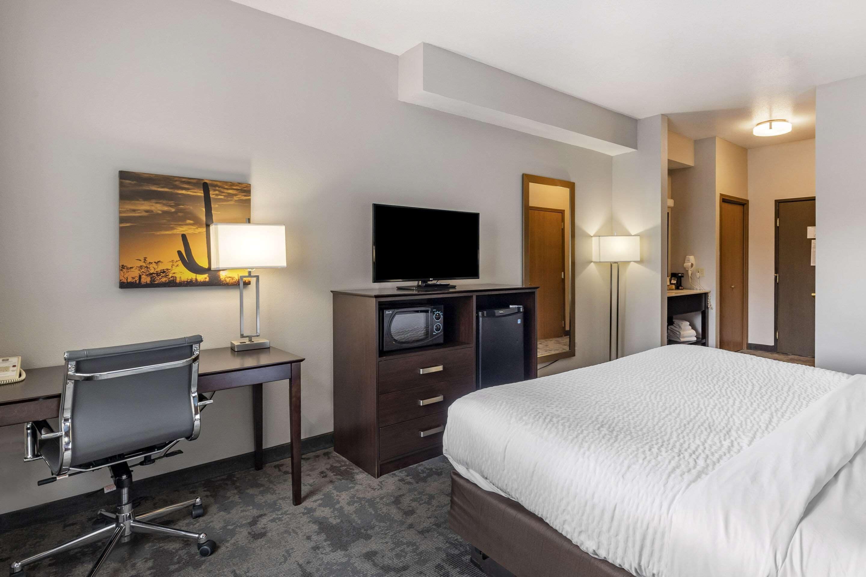 A hotel room with a bed, desk, chair, television, microwave, and a painting on the wall.