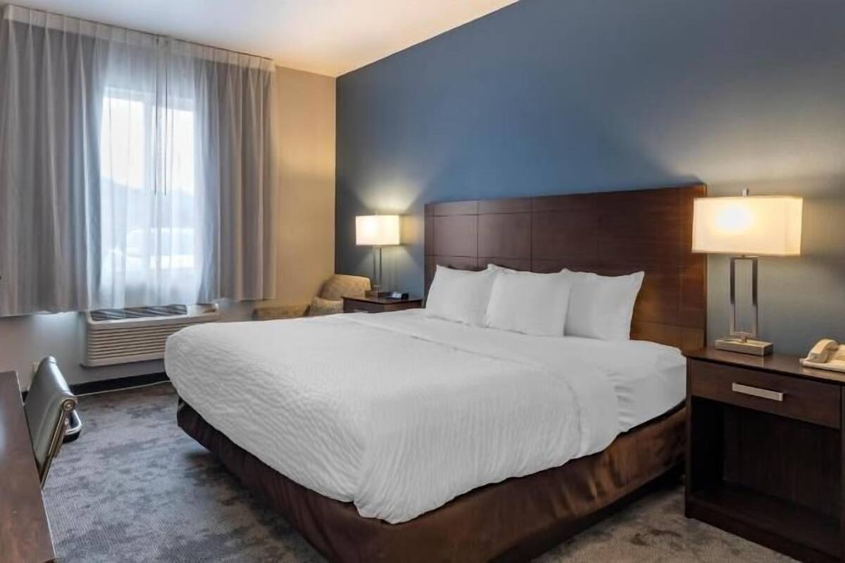 A hotel room with a large bed, a desk, a chair, a TV, a lamp, and a window with curtains.