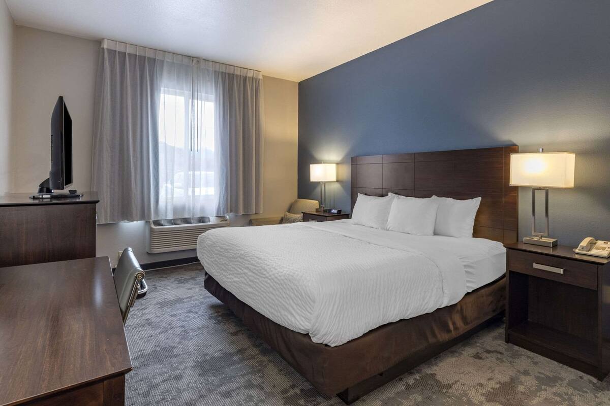 A hotel room with a bed, bedside tables, a desk, a TV, and a window with curtains.