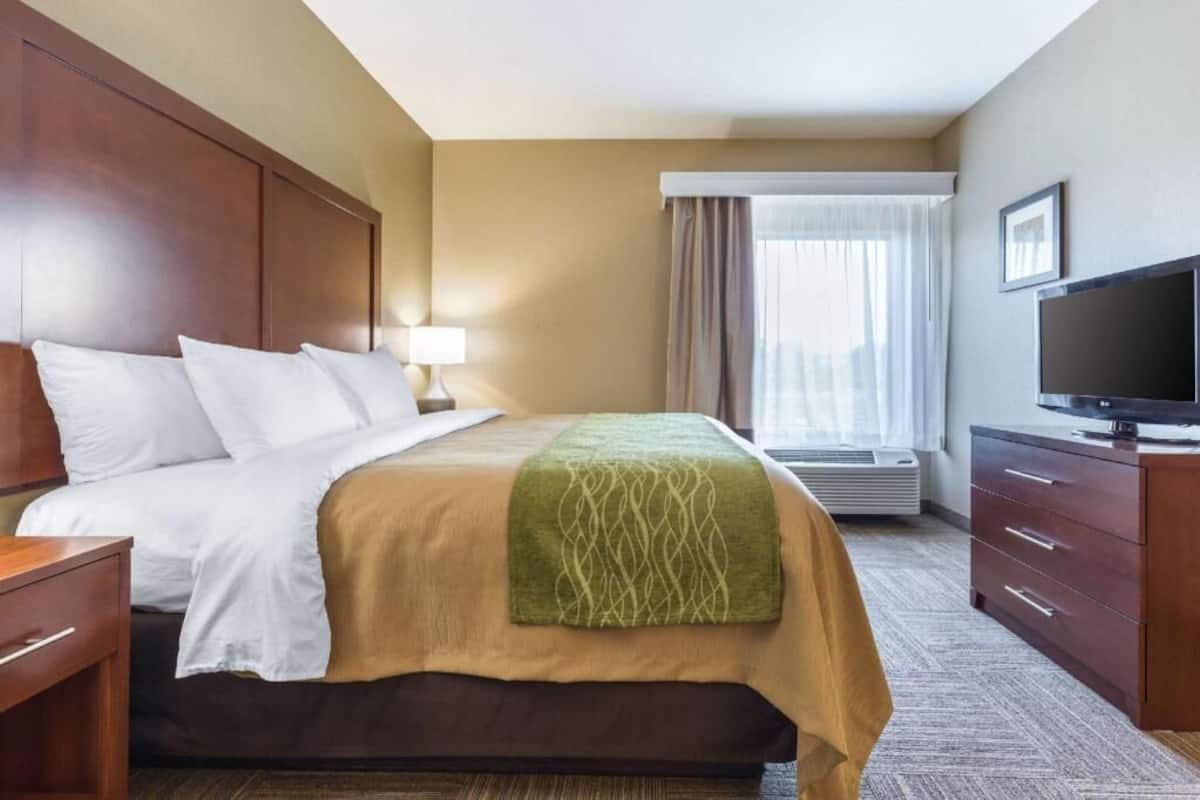 Down comforters, in-room safe, desk, blackout drapes