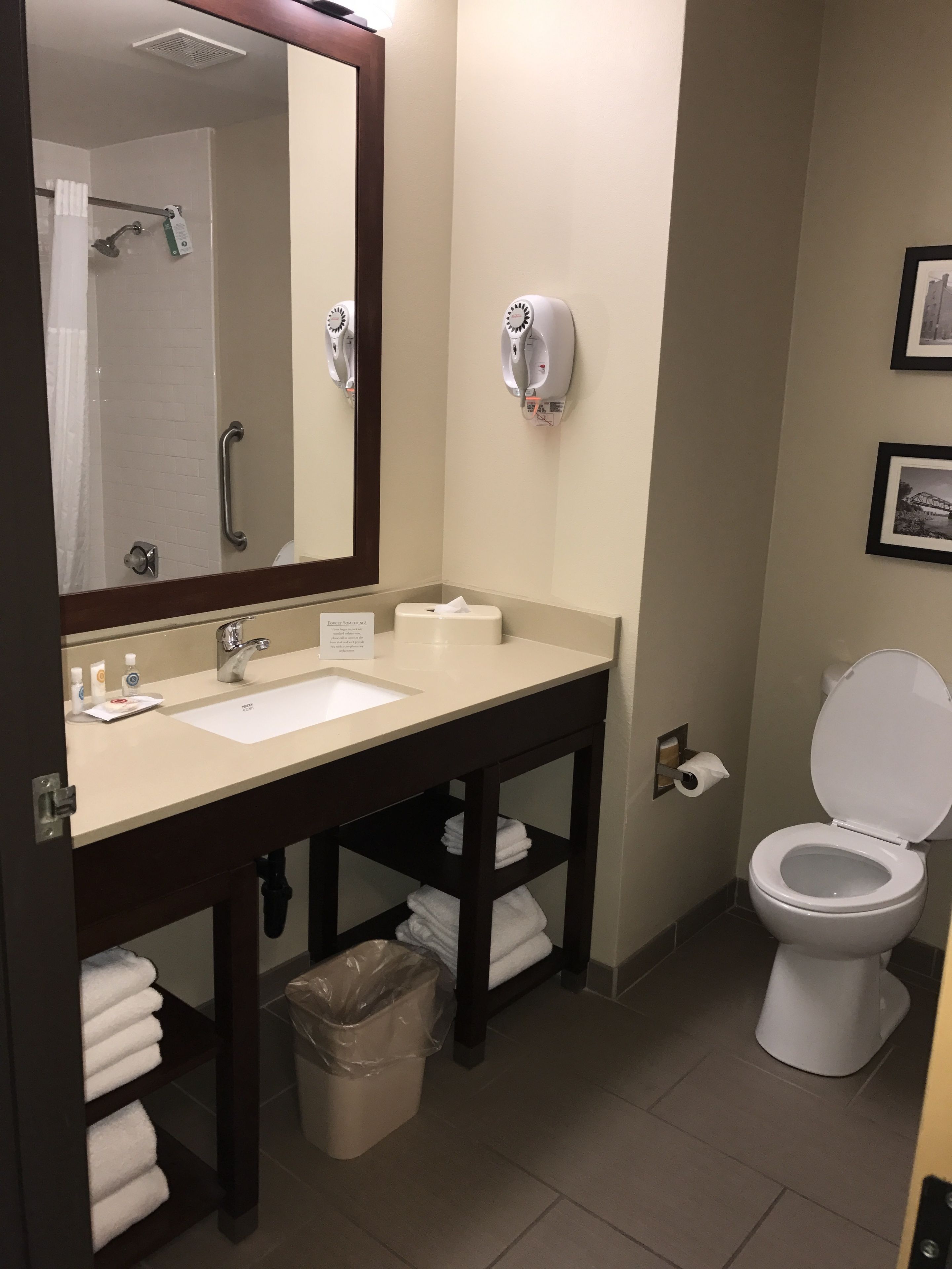 combined shower/bathtub, free toiletries, hair dryer, towels