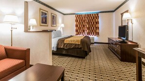 A hotel room with a bed, a sofa, a desk, a television, and a patterned carpet. - Quality Inn & Suites Evansville North (Evansville)