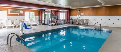 Indoor pool, open 9 AM to 10 PM, sun loungers