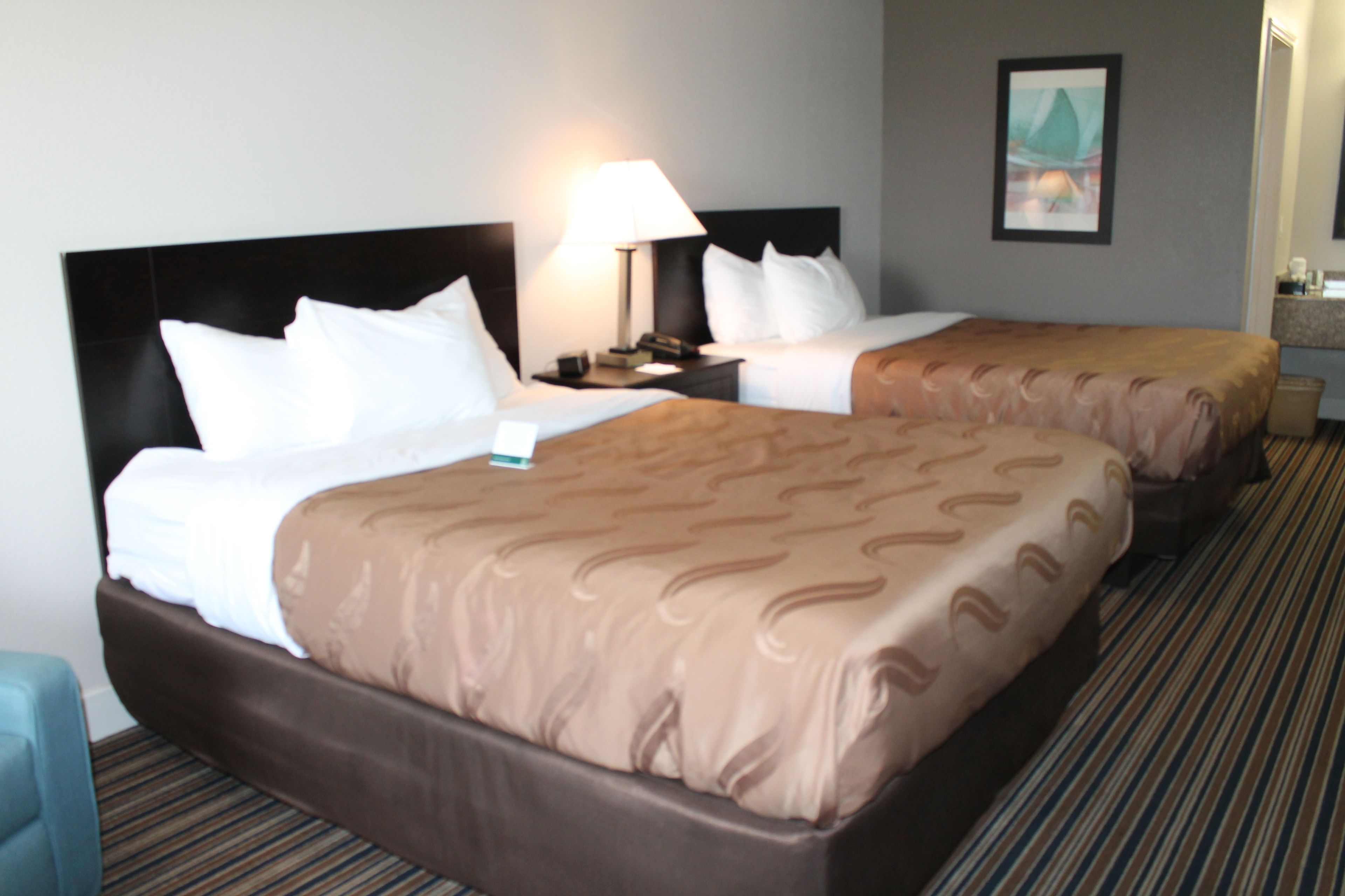 A hotel room with two beds, a nightstand with a lamp, a framed picture on the wall, and a striped carpet.