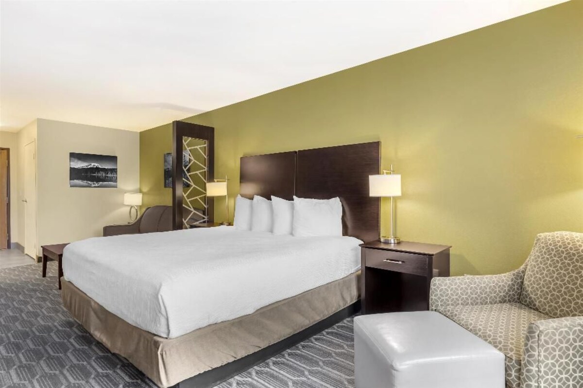 A hotel room with a large bed, a nightstand with a lamp, a sofa, and a patterned wall.