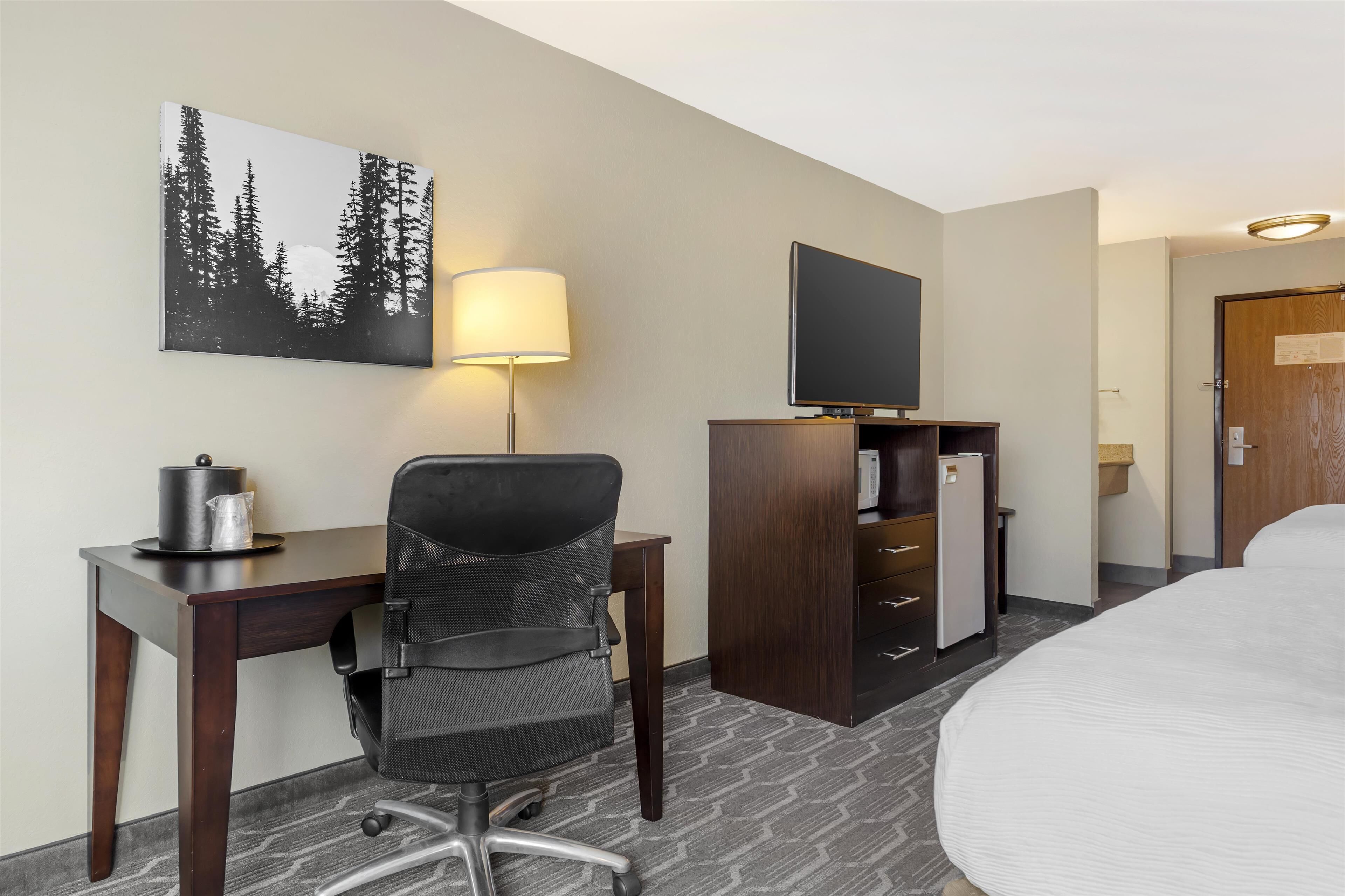 A hotel room with a bed, a desk with a chair, a TV on a cabinet, a lamp, and a painting on the wall.