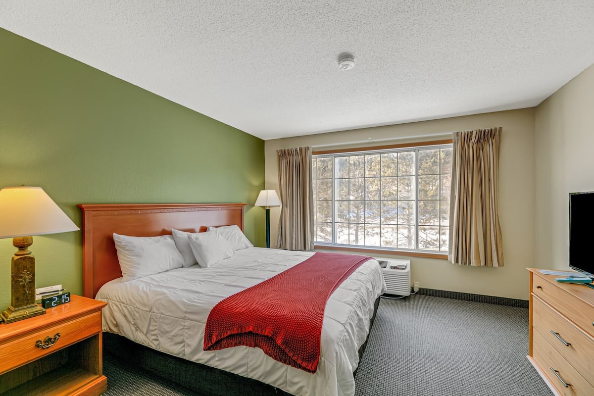 A hotel room with a bed, a nightstand with a lamp, a dresser, a window with curtains, and a television.