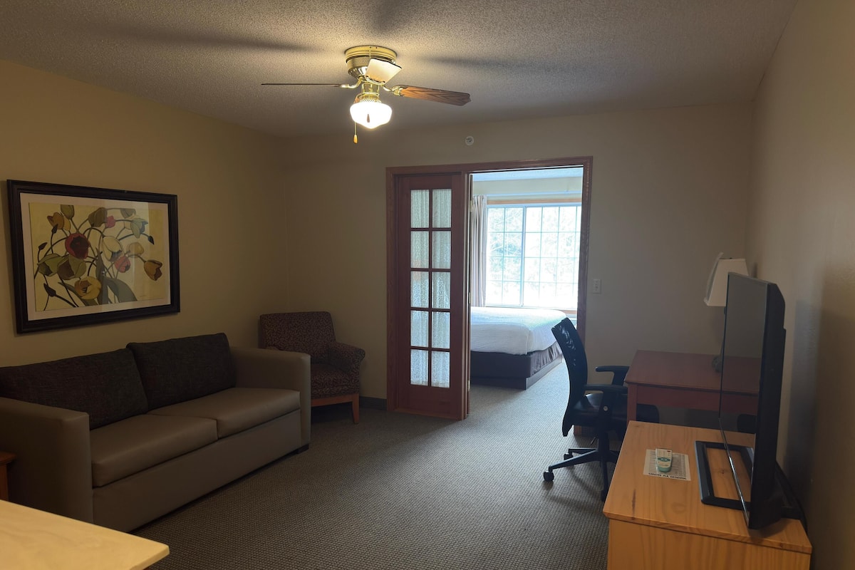 A hotel room with a bed, a desk, a chair, a sofa, a ceiling fan, and a window.