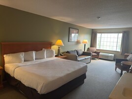 Habitación de hotel con una cama grande, un sofá, una silla, un escritorio y una ventana con cortinas.