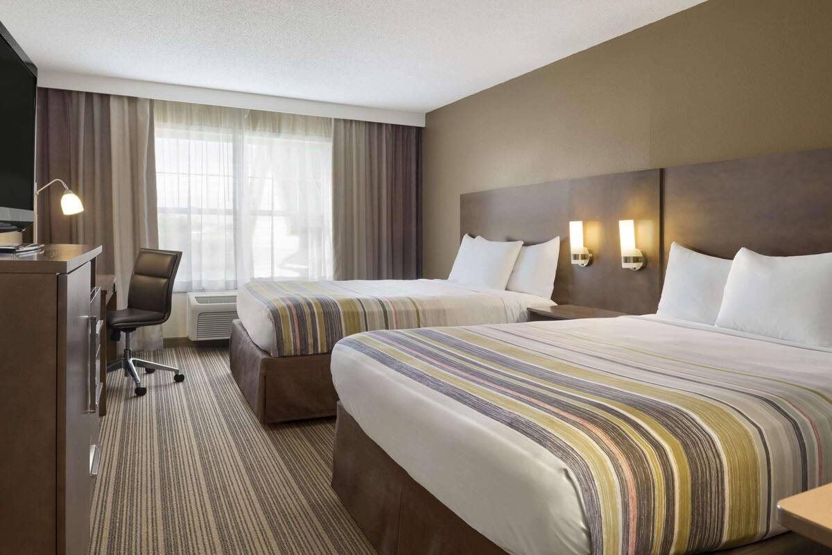 Room, 2 Queen Beds, Non Smoking | Desk, laptop workspace, blackout drapes, iron/ironing board