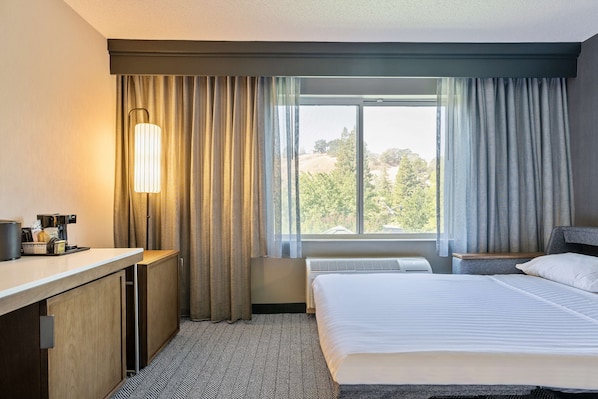 Habitación de hotel con cama, escritorio con lámpara, ventana con cortinas y vista a árboles.