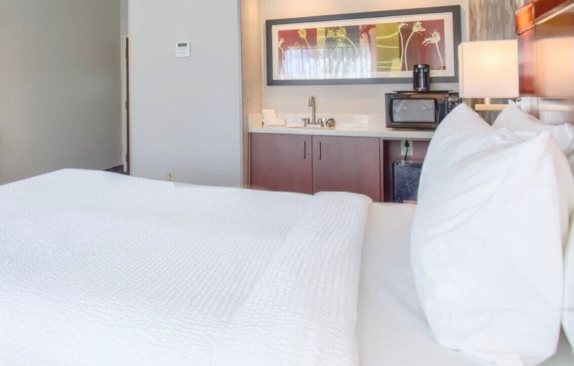 A hotel room with a bed, a small desk with a microwave, a sink, and a framed picture on the wall.