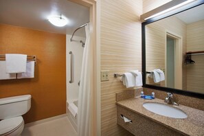 Un baño con inodoro, ducha, lavamanos y espejo.
