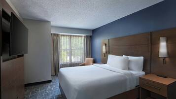 Premium bedding, desk, blackout curtains, iron/ironing board