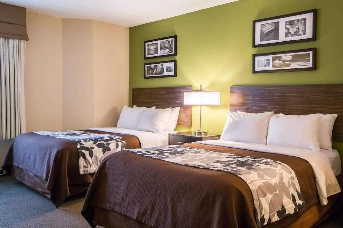 Hotellihuone, jossa on kaksi sänkyä, yöpöytä, lamppu ja seinällä olevia kehystettyjä kuvia.