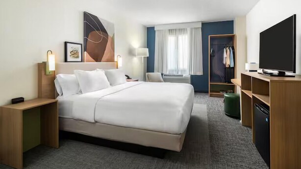 A hotel room with a bed, bedside tables, a TV, a wardrobe, and a window with curtains. - Spark by Hilton Grand Rapids (Grand Rapids)