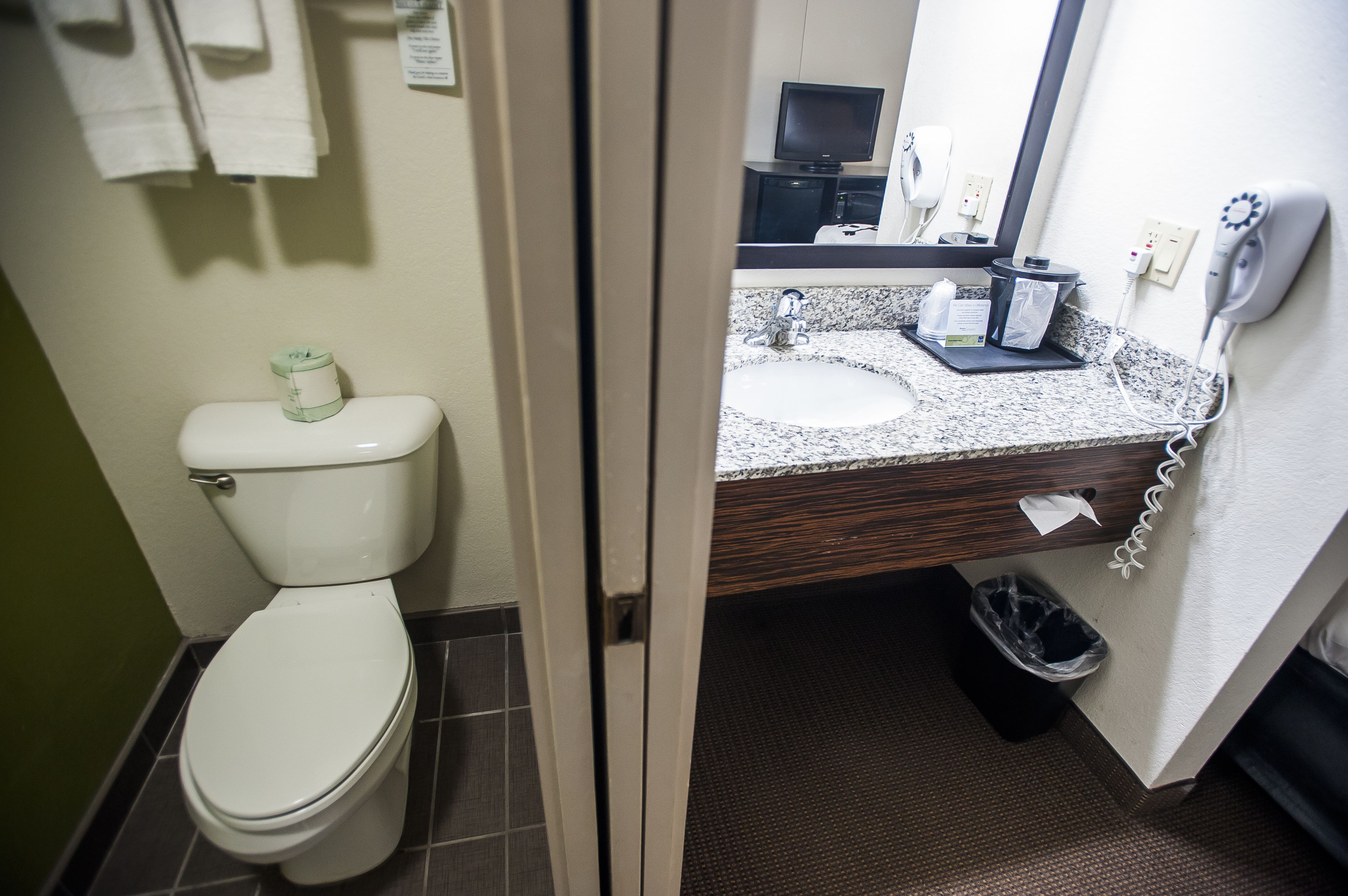 A bathroom with a toilet, sink, and mirror.