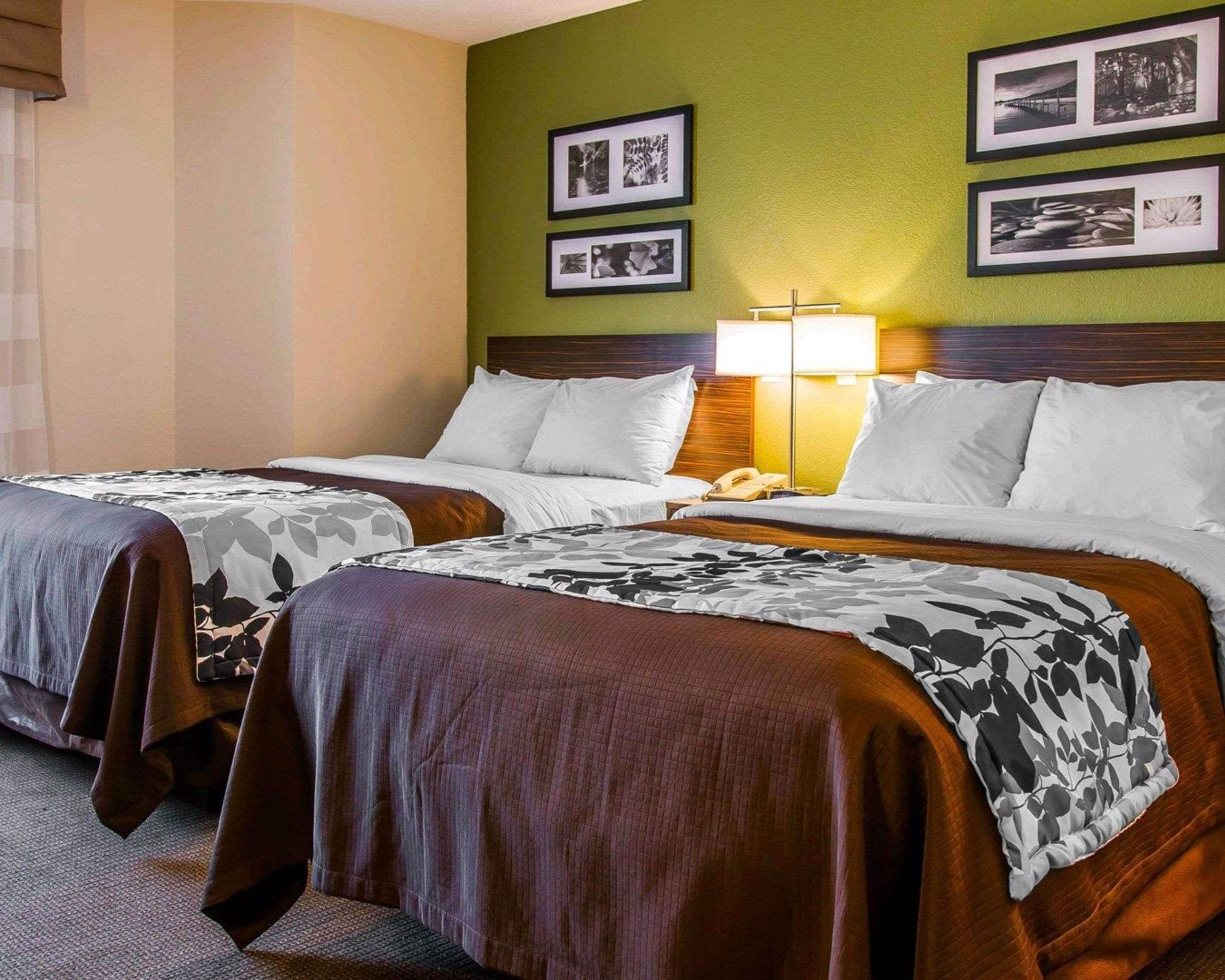 Ein Hotelzimmer mit zwei Betten, jeweils mit einem gemusterten Überwurf, einem Nachttisch mit Lampe und gerahmten Bildern an der Wand.