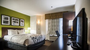 Ein Hotelzimmer mit einem Bett, einem Schreibtisch mit Fernseher und einem Fenster mit Vorhängen.