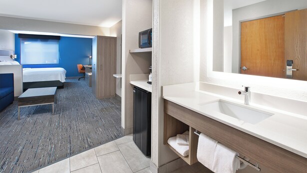 A hotel room with a bed, a desk, a microwave, a sink, and a mirror. - Holiday Inn Express Tuscola by IHG (Tuscola)