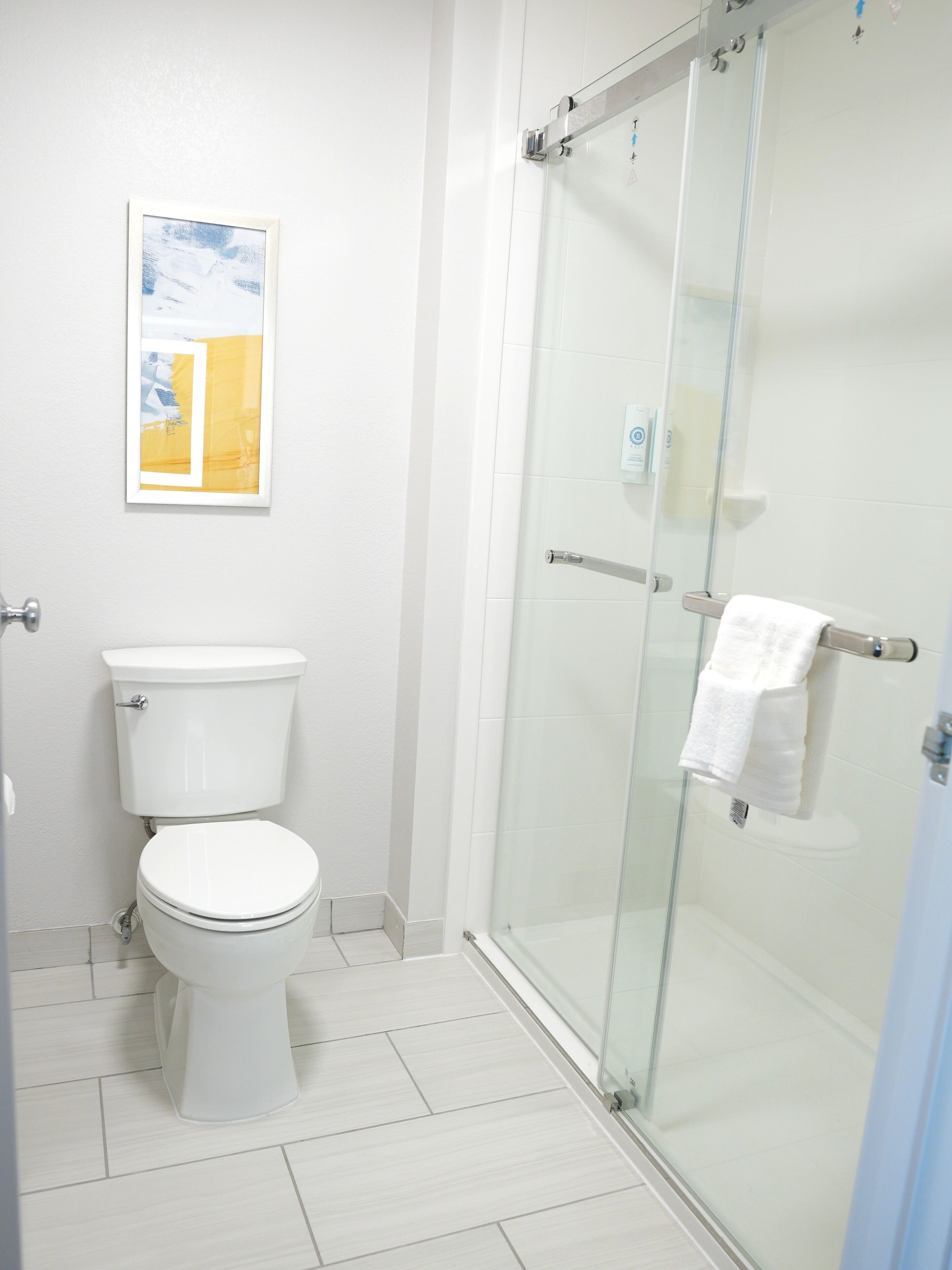 A bathroom with a toilet, a glass shower enclosure, and a framed picture on the wall.