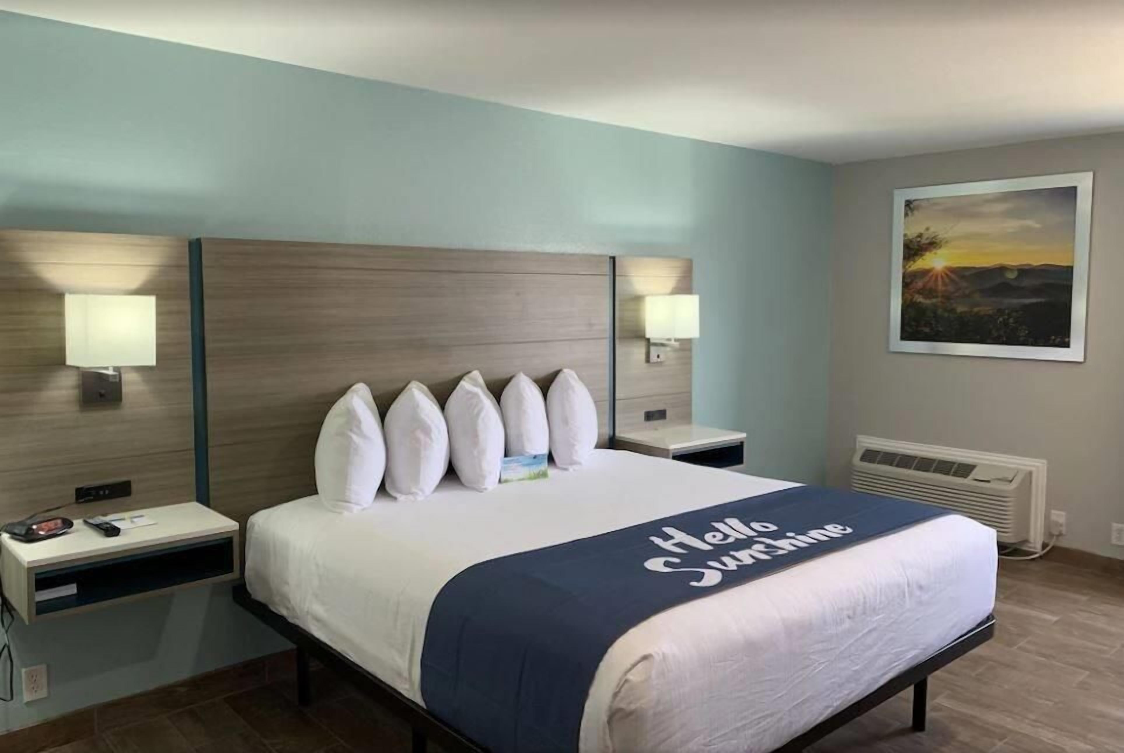 A hotel room with a bed, bedside lamps, a nightstand, a wall-mounted heater, and a framed picture.