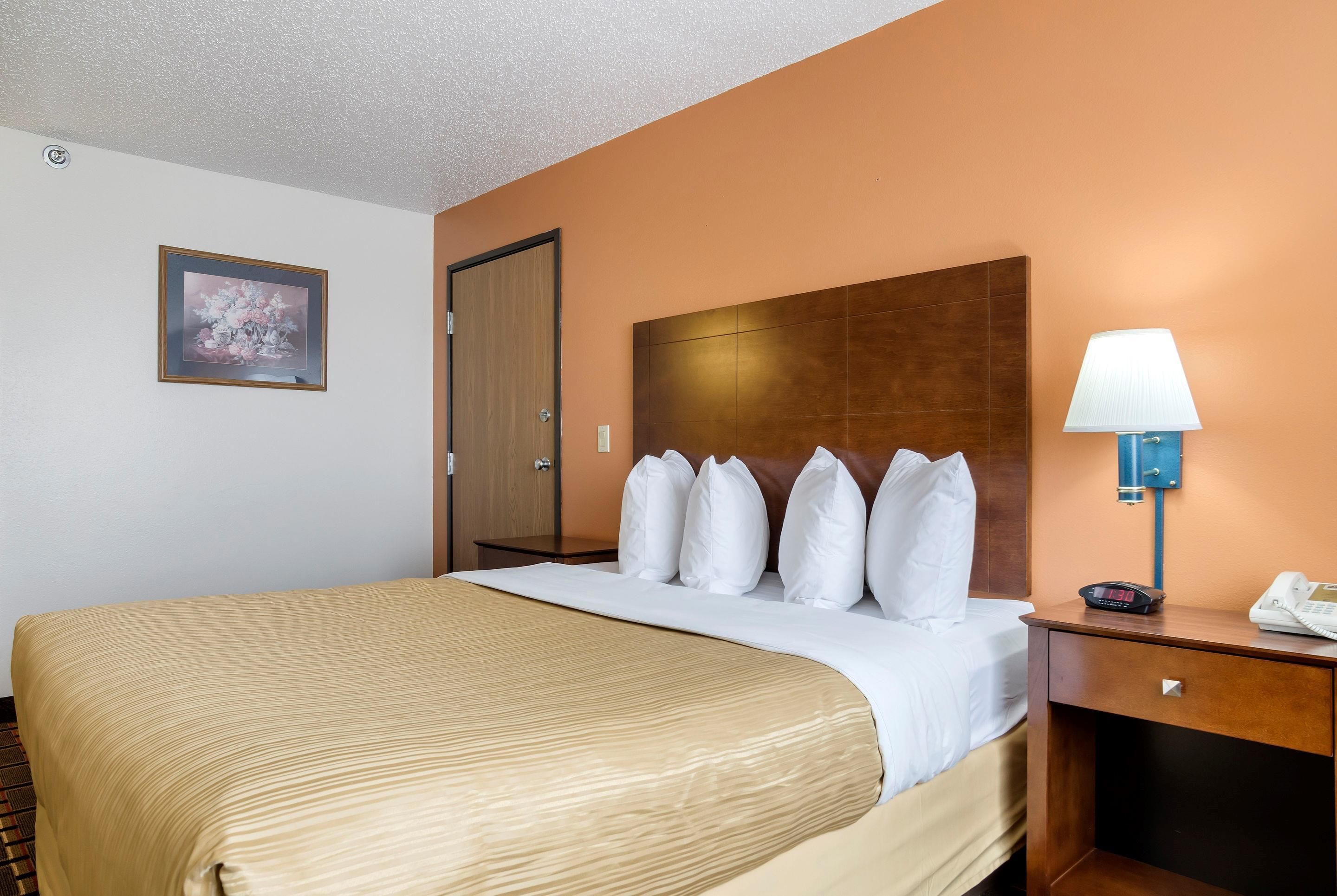 A hotel room with a large bed, a wooden headboard, a bedside table with a lamp, and a framed picture on the wall.