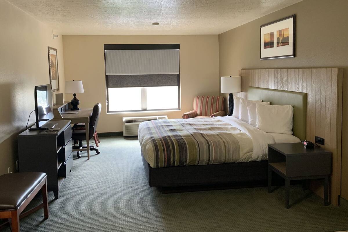 Une chambre d’hôtel avec un lit, un bureau, une chaise et une fenêtre avec des stores.