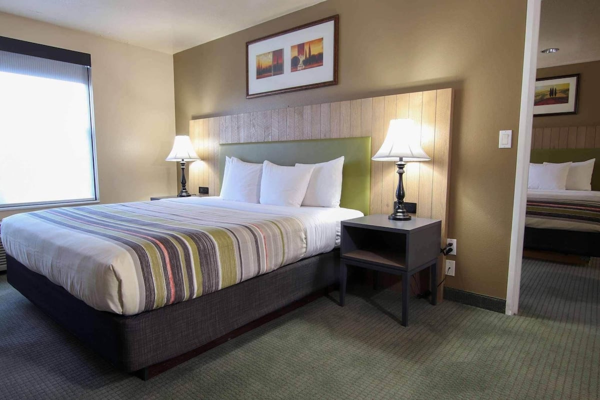 Une chambre d’hôtel avec un grand lit, deux tables de chevet avec des lampes, une tête de lit et un tableau encadré au mur.