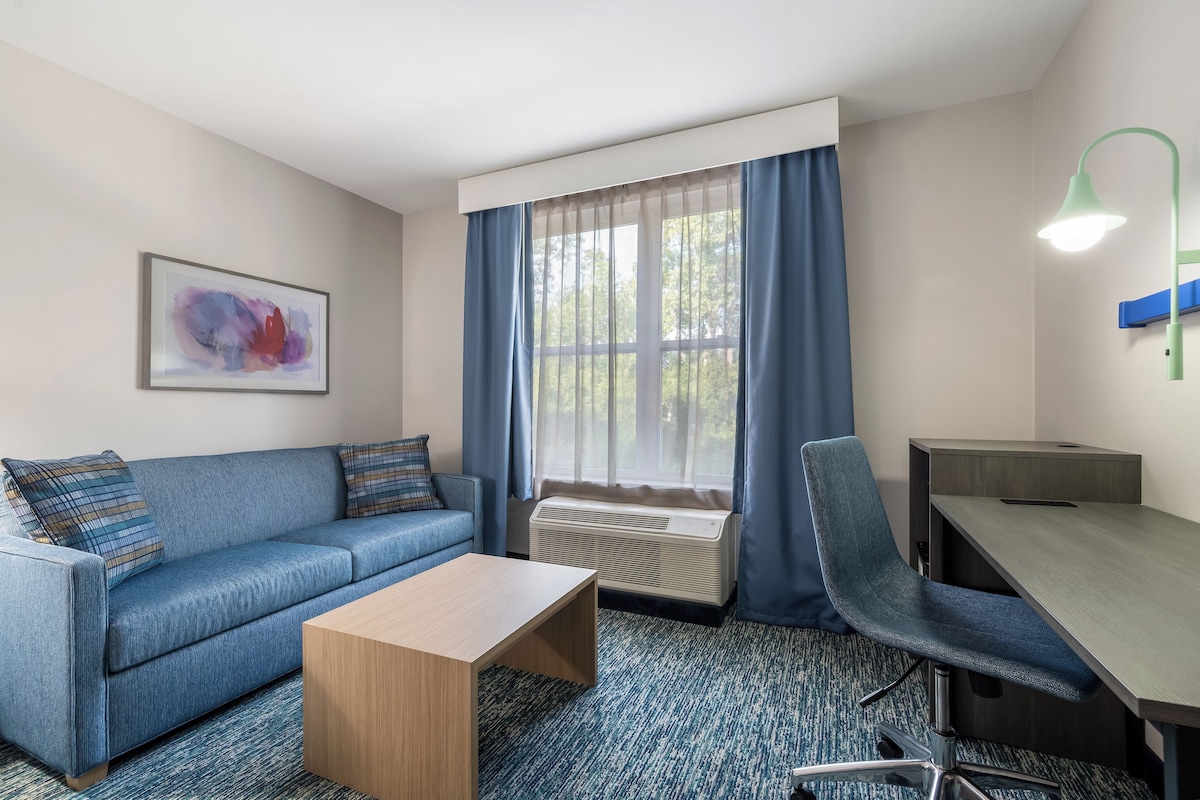 A hotel room with a sofa, a small table, a desk, a chair, a radiator, a window with curtains, and a wall-mounted lamp.