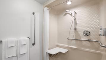 Combined shower/tub, eco-friendly toiletries, hair dryer, towels