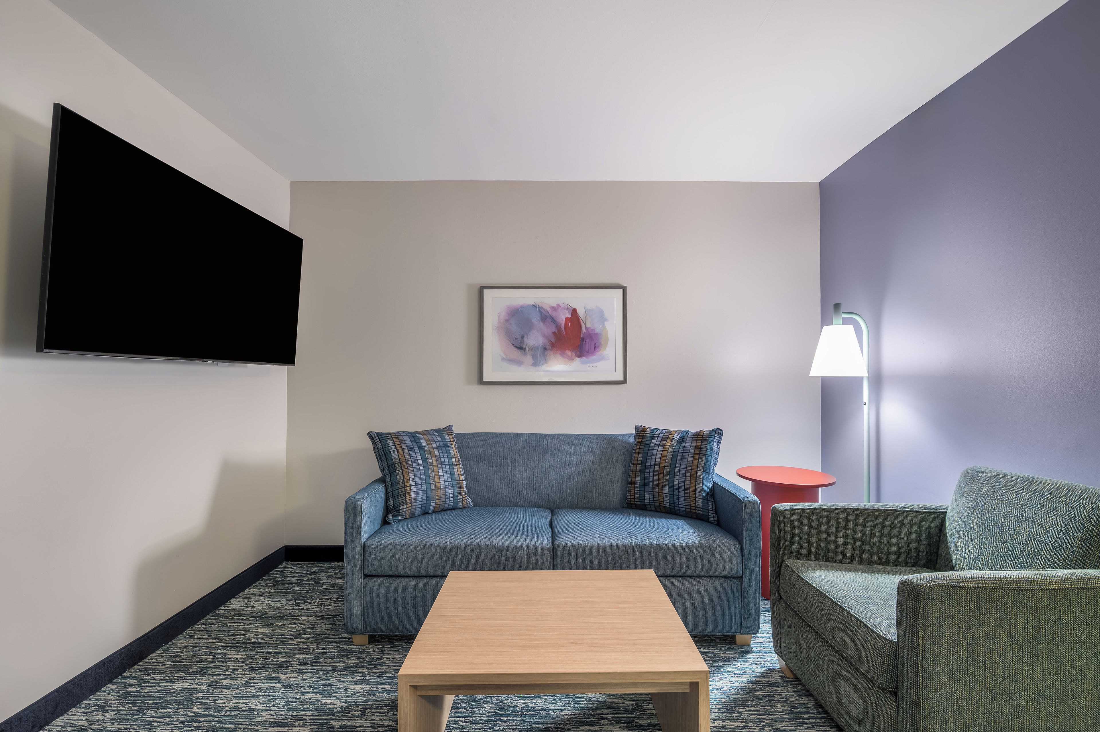 Una sala de estar moderna con un sofá, una mesa de centro, un televisor, una lámpara y un cuadro en la pared.
