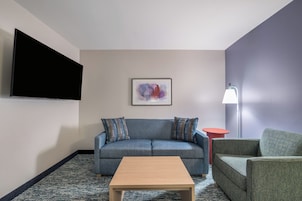 Una sala de estar moderna con un sofá, una mesa de centro, un televisor, una lámpara y un cuadro en la pared.