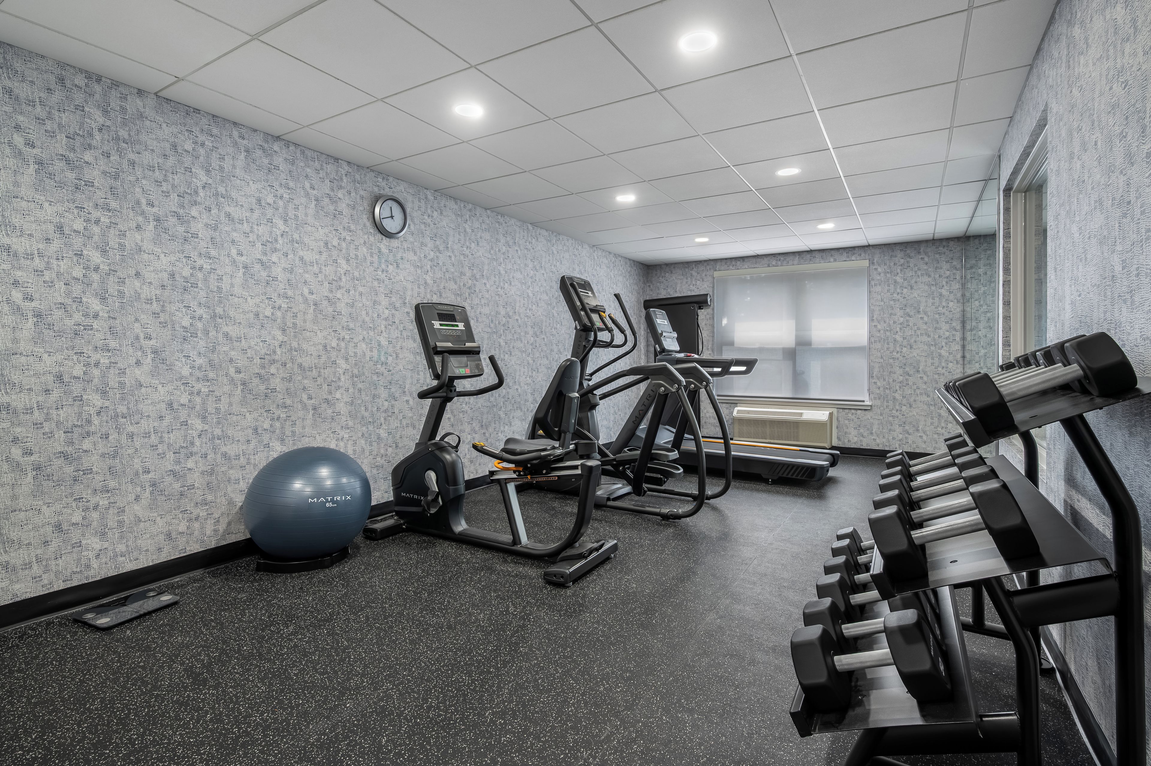 Ein Fitnessraum mit Laufbändern, Crosstrainern, Fahrrädern, Rudergeräten und Kurzhanteln.