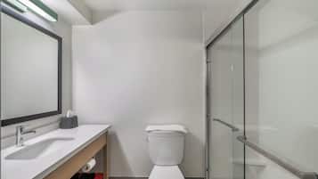 A modern bathroom with a toilet, sink, and glass shower enclosure.