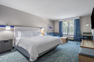 Habitación de hotel con una cama grande, un escritorio, una silla, un sofá y una ventana con cortinas.