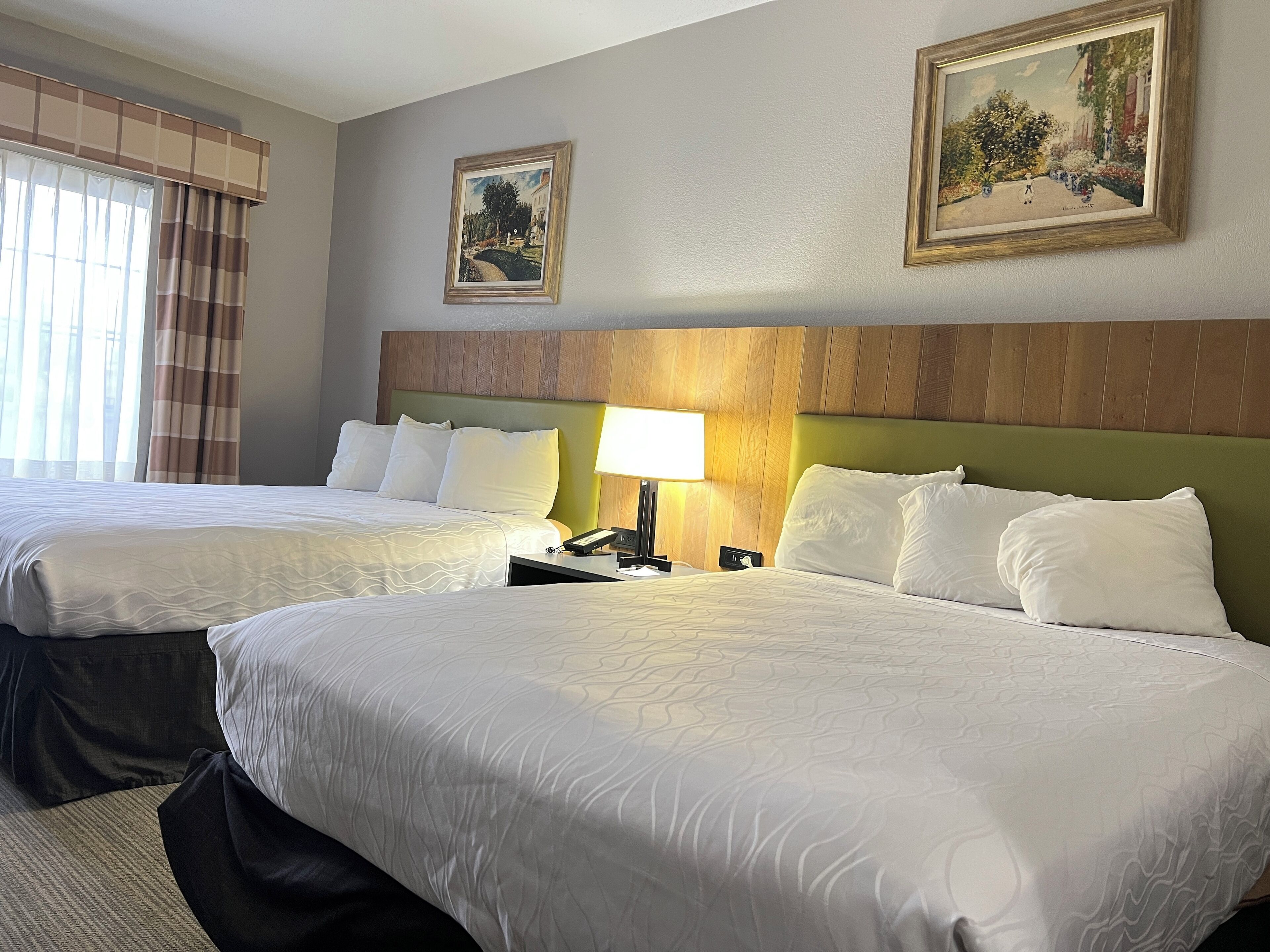 Habitación de hotel con dos camas, una mesita de noche con lámpara y dos cuadros en la pared.