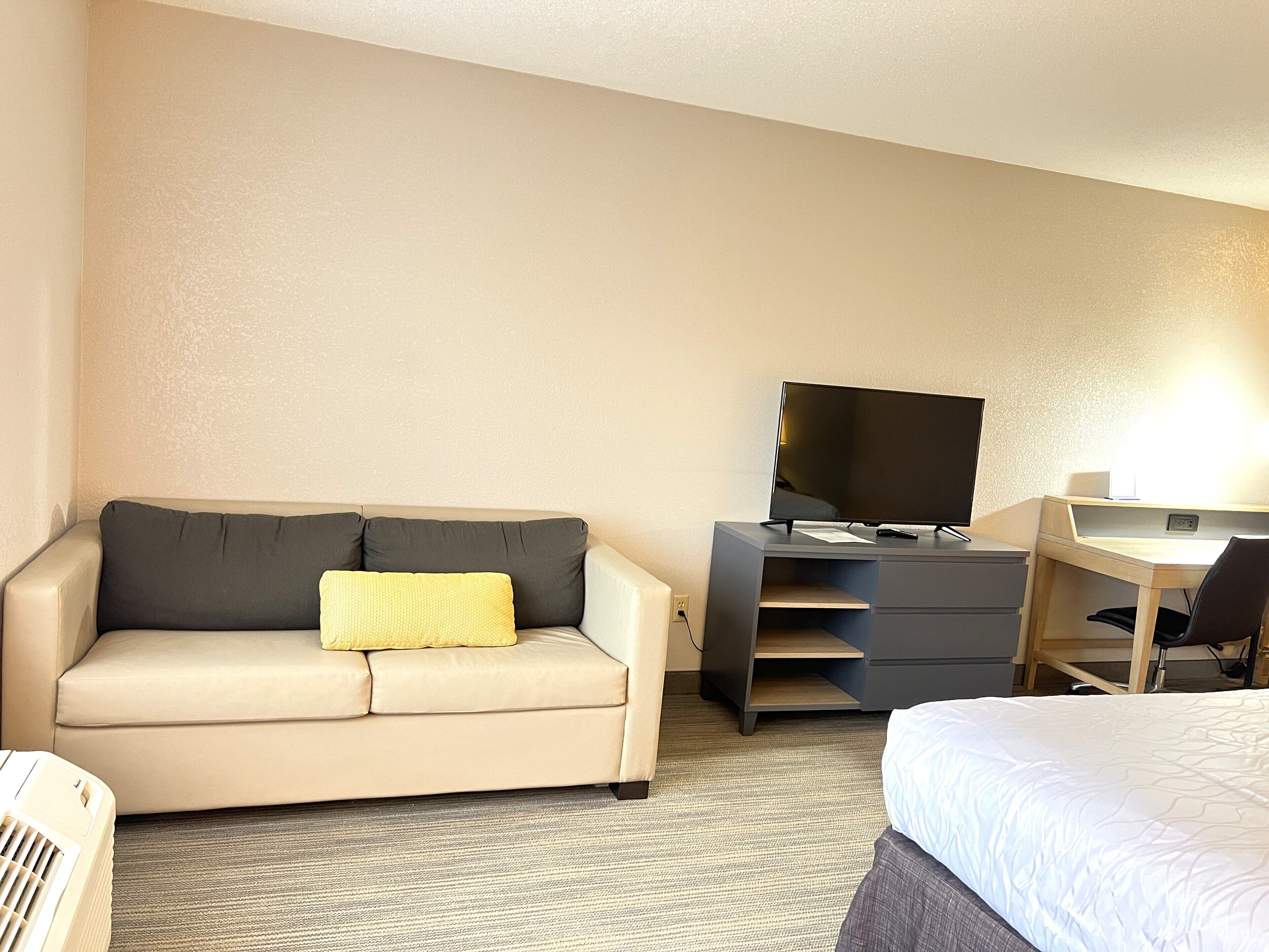 Ein Hotelzimmer mit einer Couch, einem Schreibtisch, einem Flachbildfernseher, einem Bett und einem Heizkörper.
