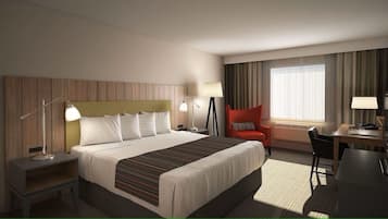Habitación de hotel con una cama grande, mesitas de noche, un escritorio, una silla y una ventana con cortinas.