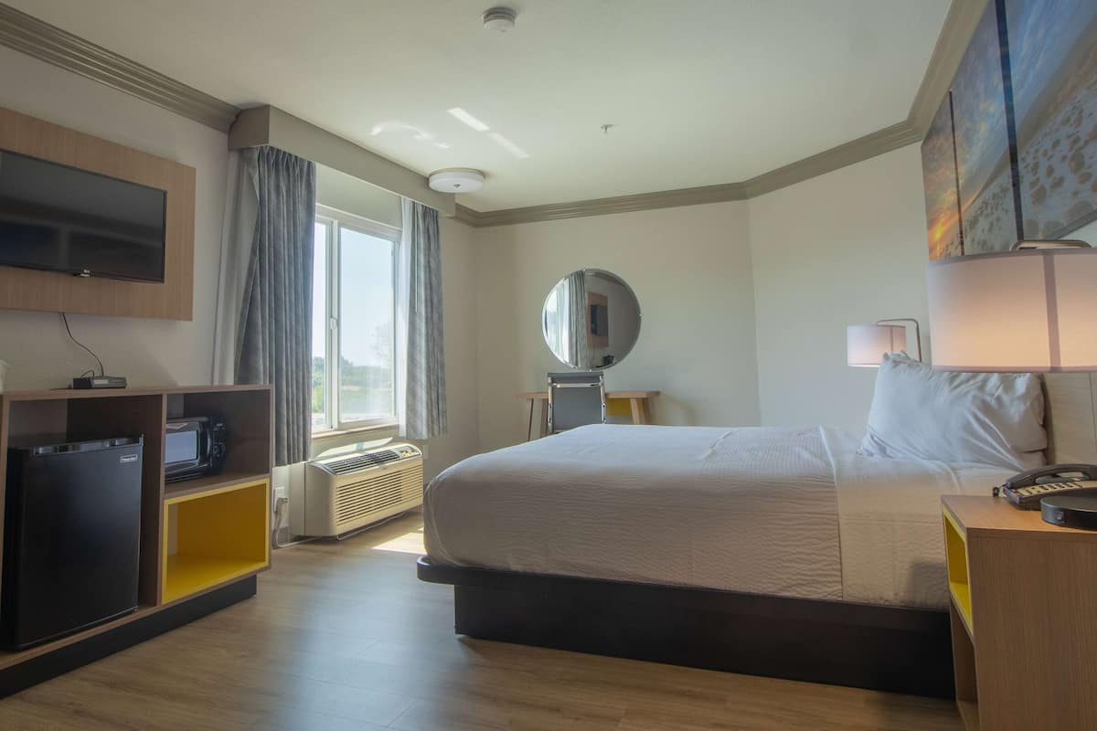 A hotel room with a bed, a TV, a mirror, a desk with a lamp, and a window with curtains.