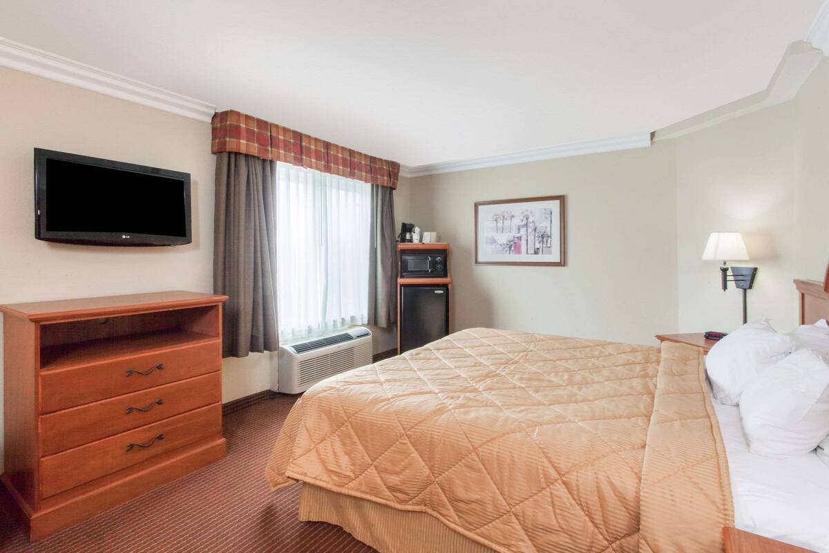 A hotel room with a bed, a TV, a desk, a lamp, and a picture on the wall.