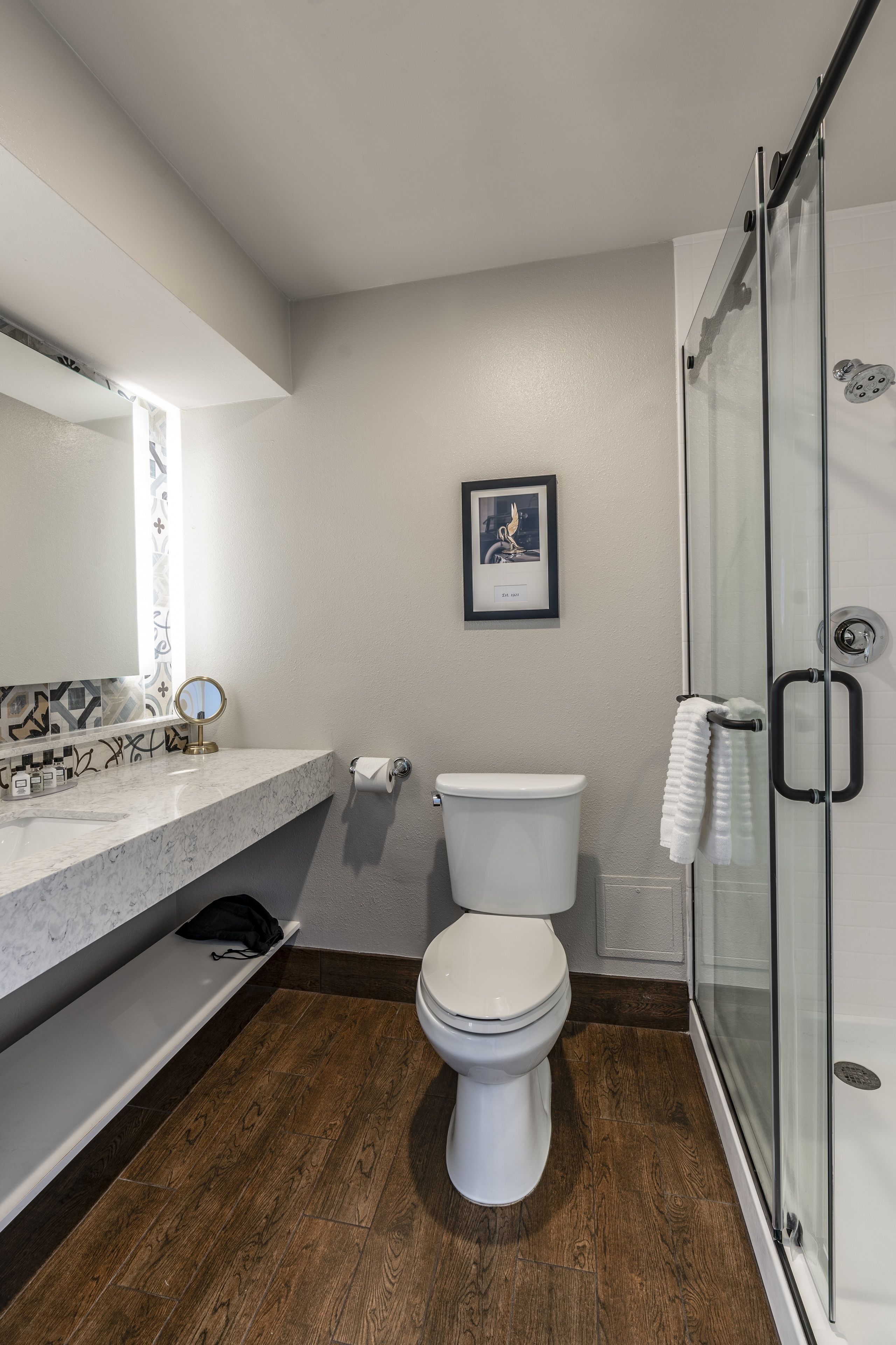 A bathroom with a white toilet, a glass shower enclosure, a marble sink, and a framed picture on the wall.