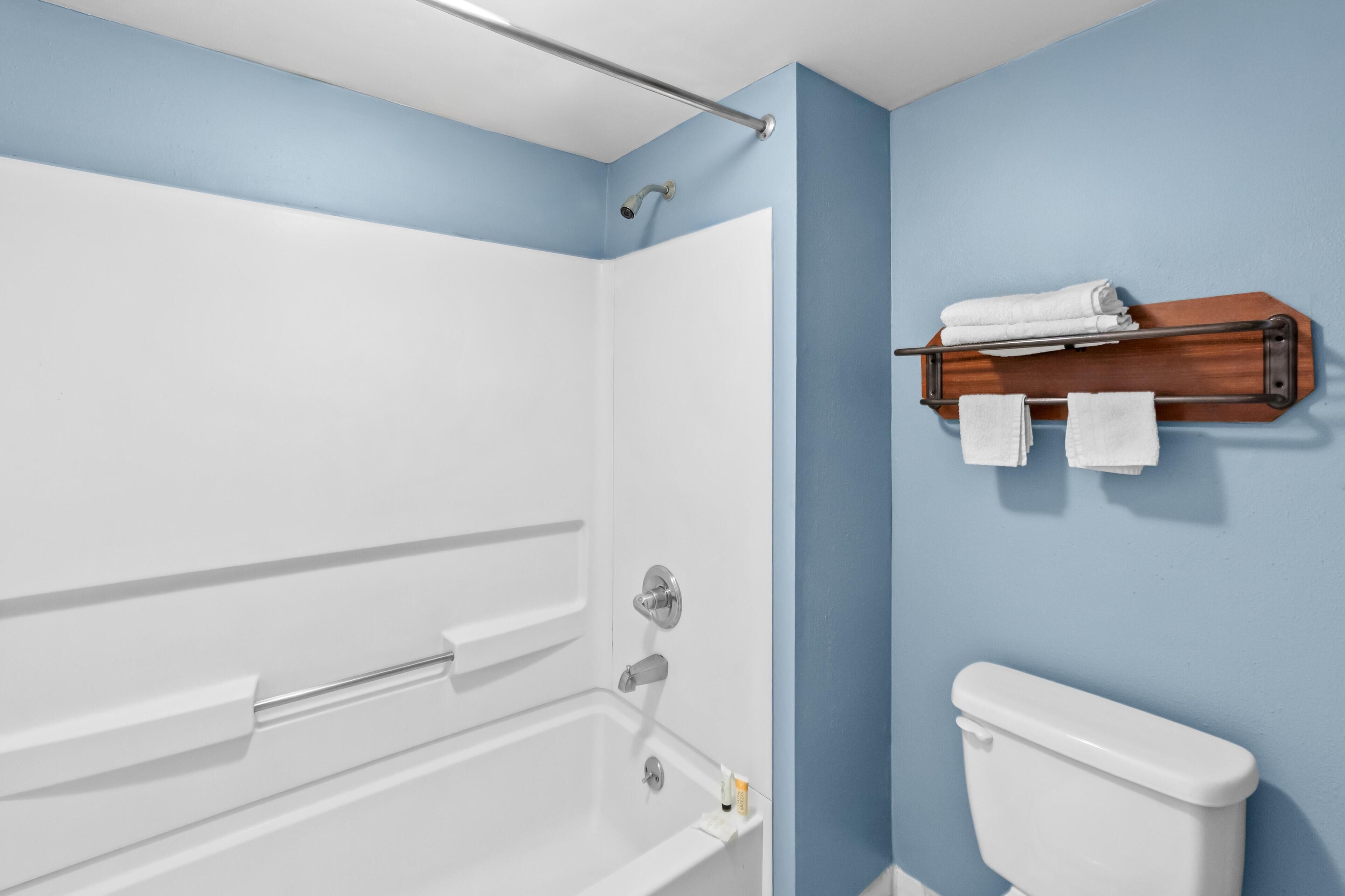Et badeværelse med et hvidt badekar, bruser, toilet og et håndklædestativ.